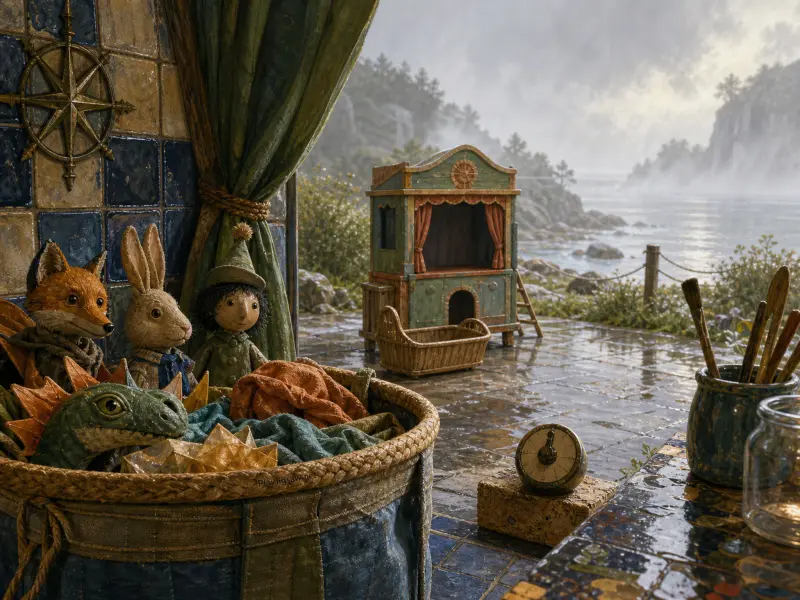 A basket of character puppets and a miniature wooden puppet theater on a tiled terrace overlooking a misty lake.