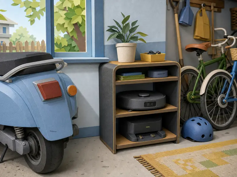 A miniature garage diorama with a blue scooter, a robot vacuum on a wooden shelf, and bicycles in the background.