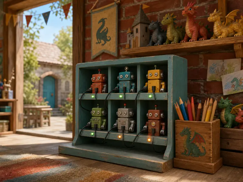 Six colorful toy robots recharge inside a teal wooden cubby shelf next to colored pencils and dragon figurines.