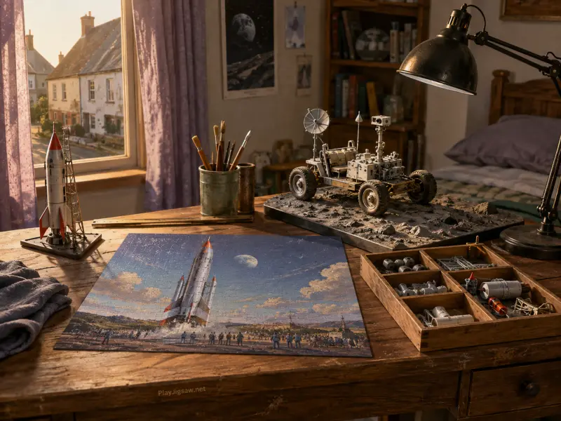 A model lunar rover and retro rocket puzzle rest on a wooden desk beside a sunlit window.
