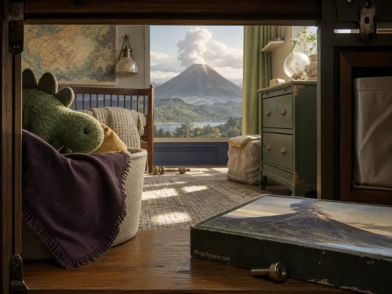 A child's bedroom viewed through wooden shelves, showing a stuffed dinosaur and a window overlooking a smoking volcano.