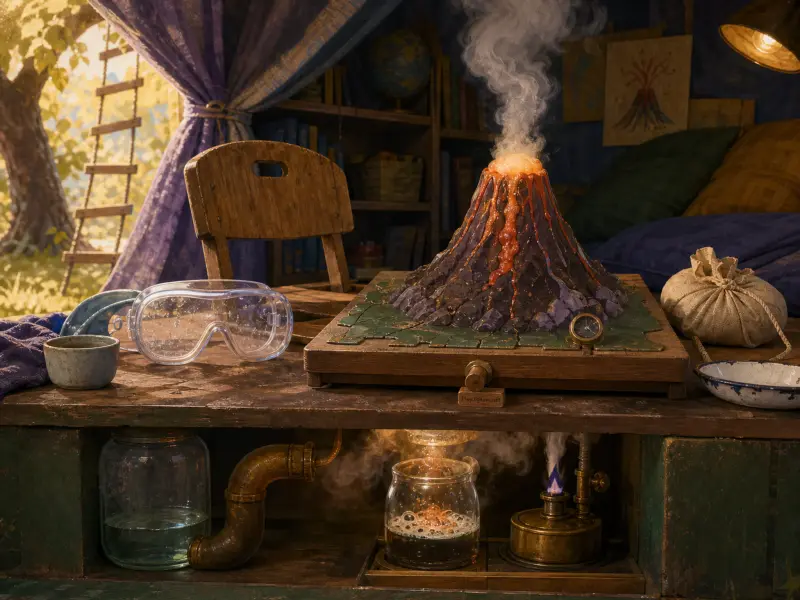 A miniature model volcano erupts with glowing lava and smoke on a wooden workbench with chemistry apparatus below.