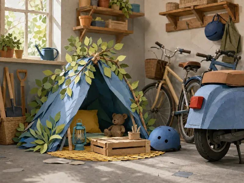 Handmade blue paper tent decorated with leaves in a garage alongside bicycles and a paper scooter.