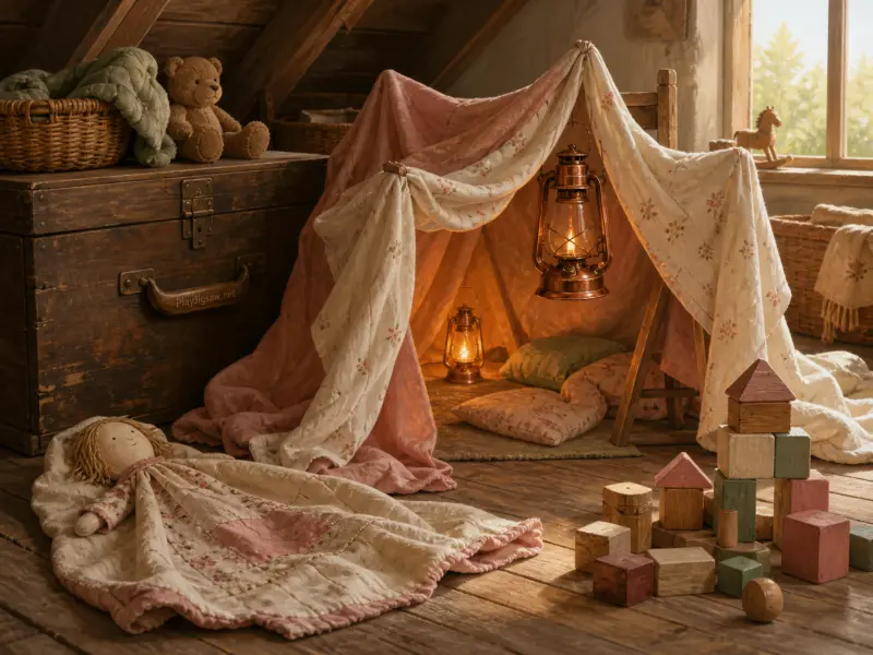 A cozy blanket fort draped with floral quilts, illuminated by lanterns inside, with a rag doll and wooden blocks nearby.