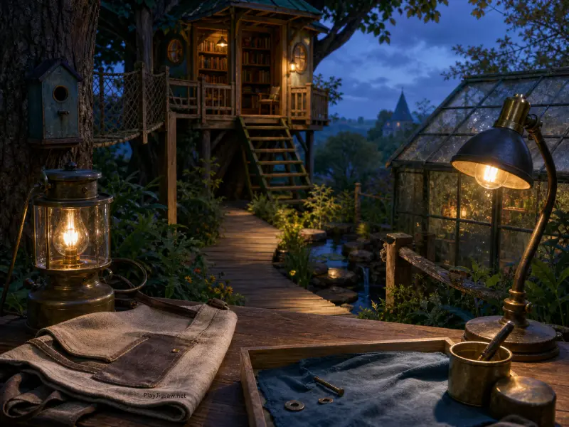 A glowing wooden treehouse library and glass greenhouse viewed from a workshop table with warm brass lanterns at dusk.