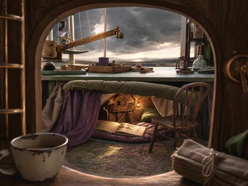 A miniature wooden treehouse and open book nestled inside a cozy blanket fort under a work table.