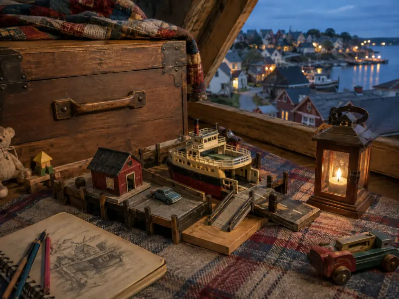 A miniature wooden ferry dock playset sits on a blanket by an attic window overlooking a coastal village at dusk.