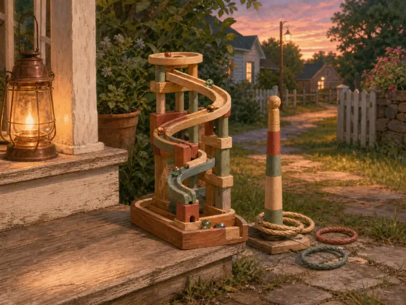A wooden marble run and ring toss game on a porch beside a glowing copper lantern at sunset.