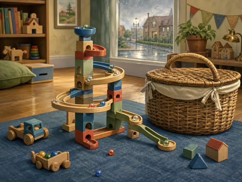A colorful wooden marble track set up on a blue rug beside a large woven basket and a rainy window.