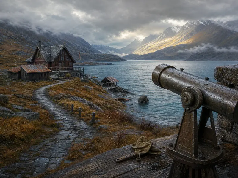 A rainy viewpoint with a metal telescope overlooking a stone path, rustic chalet, and misty mountain lake.