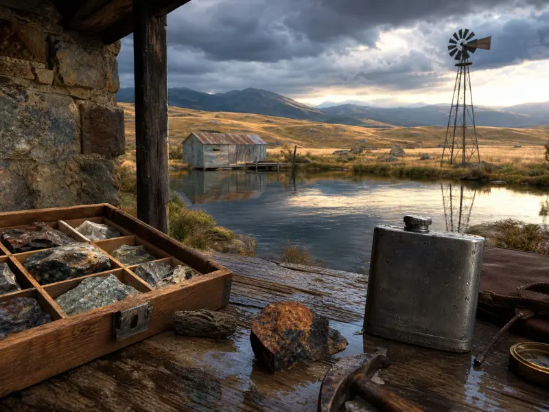 A wooden tray of mineral samples and a metal flask on a wet porch table overlooking a lake, boathouse, and windmill.