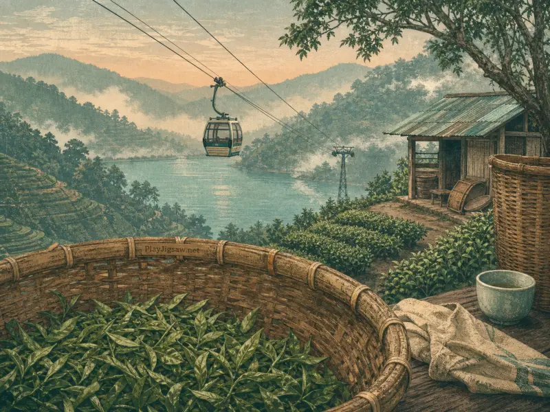 A woven basket of fresh tea leaves overlooks a misty lake with a cable car and a hillside hut.
