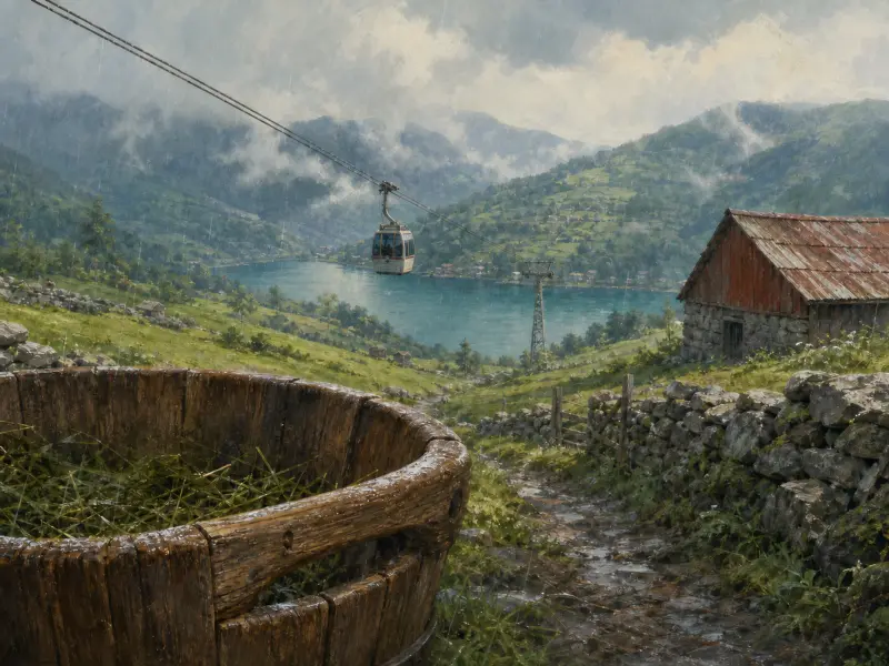 A rainy hillside path with a large wooden tub and stone barn looking down at a cable car and alpine lake.