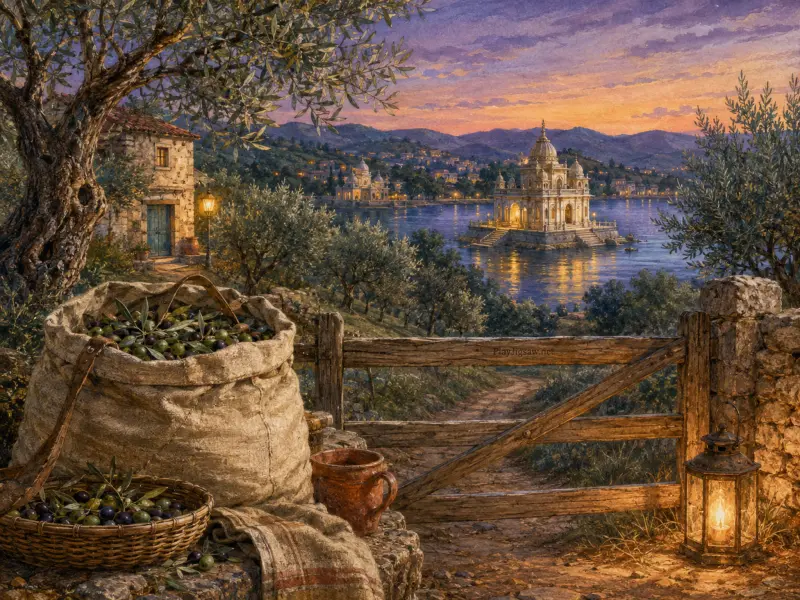 Sack and basket of fresh olives by a wooden gate overlooking a serene lake with an illuminated palace at sunset.