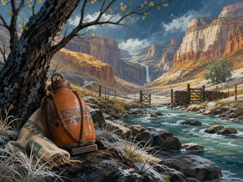 A clay canteen and blanket rest beneath a tree beside a rushing river in a rugged canyon with a distant waterfall.