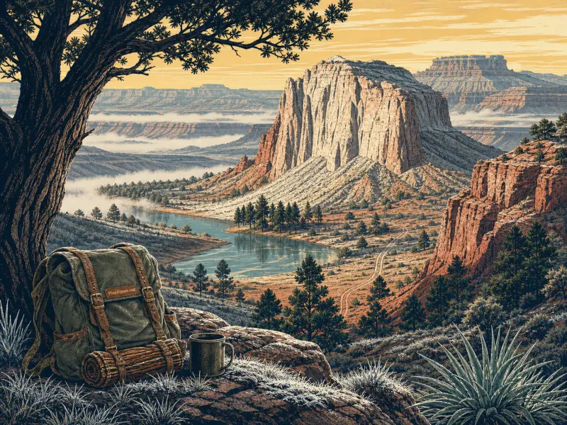 A vintage hiker backpack and mug rest on a cliff overlooking a winding desert river and towering sandstone butte.