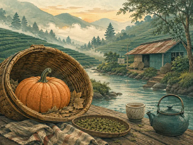 An orange pumpkin rests in a woven basket beside a teapot and cup, overlooking a misty river and terraced hills.