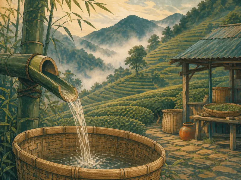 Water pouring from a bamboo spout into a woven tub overlooking misty terraced tea fields and hills.