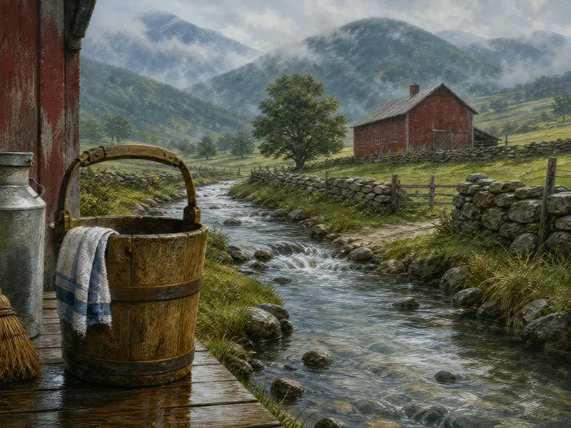 A wooden water pail on a rustic porch overlooks a rocky stream flowing through green hills toward a red barn.