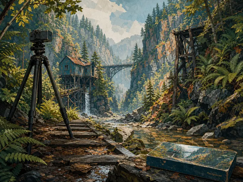 A camera on a tripod stands along a path overlooking a forested gorge with a blue wooden mill and waterfall.
