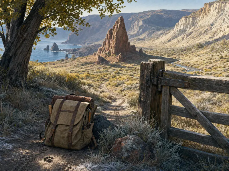 A canvas backpack rests near a wooden gate overlooking a path leading to a towering rock spire by the sea.