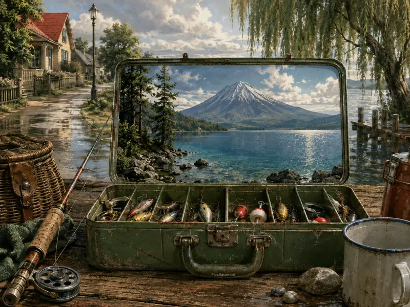 An open green tackle box with fishing lures framing a view of a snow-dusted volcano over a mountain lake.