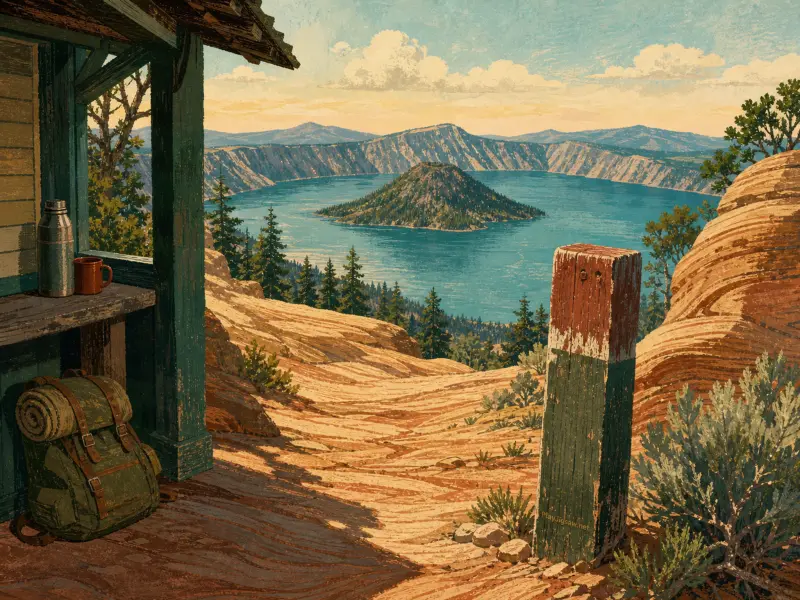 A wooden cabin porch with a backpack looks out over a sandy trail toward a vast caldera lake and island.