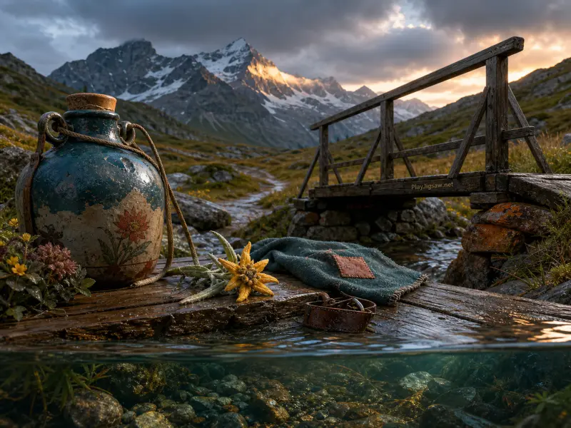 A painted ceramic flask and edelweiss flower rest on wooden planks beside an alpine stream and rustic footbridge.
