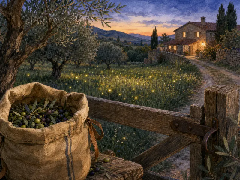 Burlap sack of harvested olives on a wooden fence overlooking a firefly-lit meadow and stone cottage at dusk.