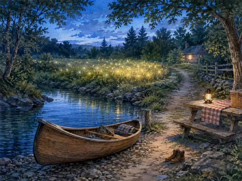A wooden canoe rests by a stream next to a picnic table with a lantern, overlooking a meadow filled with fireflies.