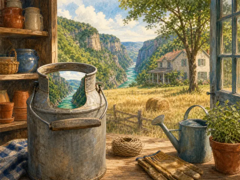 A rustic windowsill with a milk can and watering can looking out onto a farmhouse and deep river gorge.