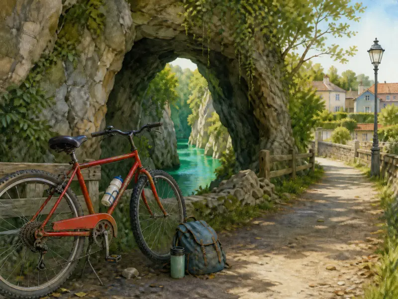 A red bicycle and backpack resting on a dirt path next to a natural stone arch overlooking a turquoise river gorge.