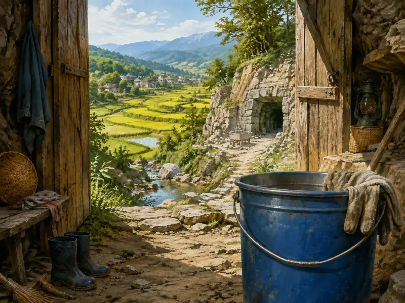 Open wooden barn doors frame a bright valley of green terraced fields, a stone tunnel, and a blue bucket in front.