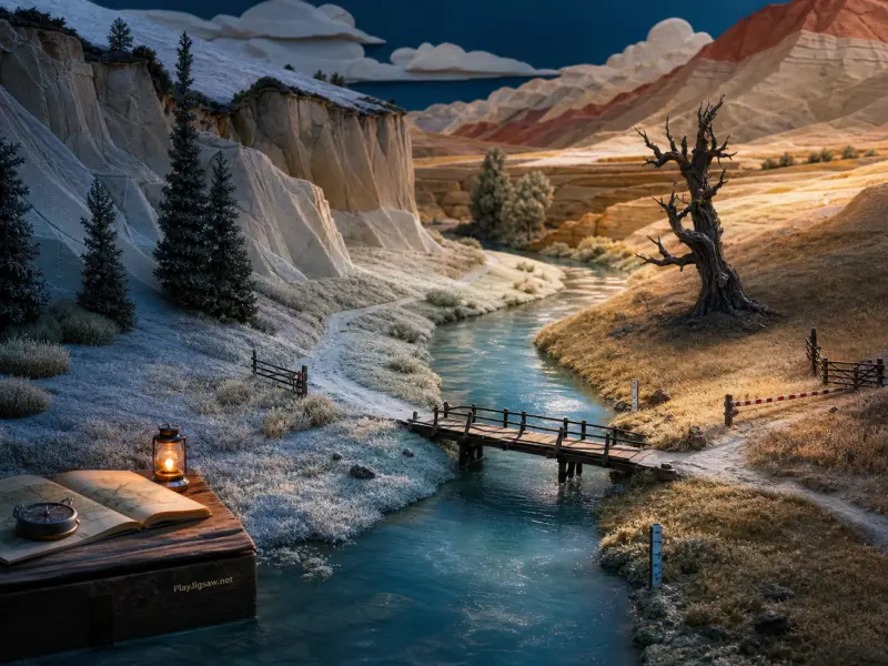 A winding river and wooden footbridge divide a frosty winter landscape from warm golden hills under a dark sky.