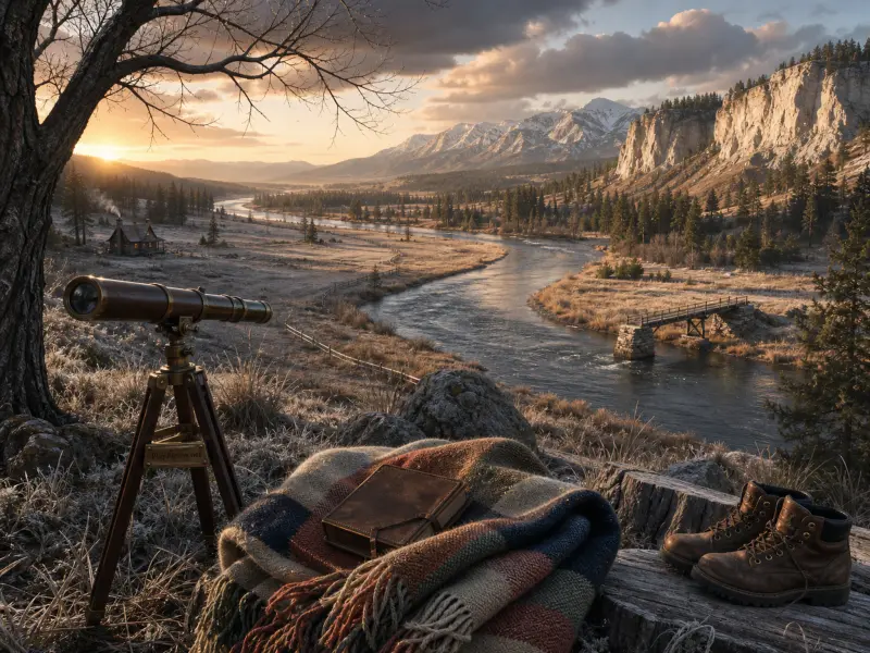 A brass telescope, blanket, and boots overlook a frosted river valley with distant snow-capped mountains.