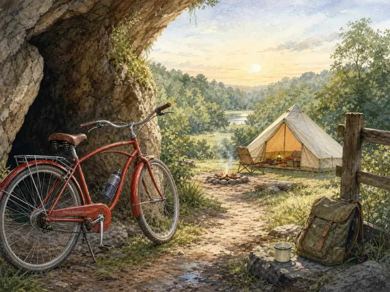 A red bicycle parked by a cave opening with a canvas tent, campfire, and backpack overlooking a sunlit river valley.