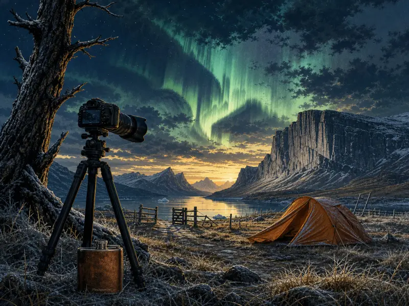 A camera on a tripod and an orange tent overlook a mountain fjord under glowing green northern lights.