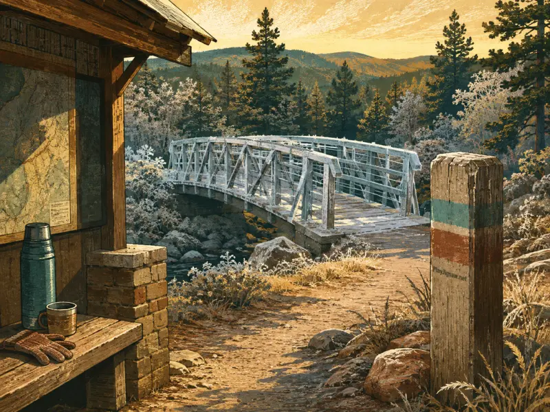 A hiking shelter with a thermos and bench looks out onto a wooden footbridge crossing a stream in the mountains.