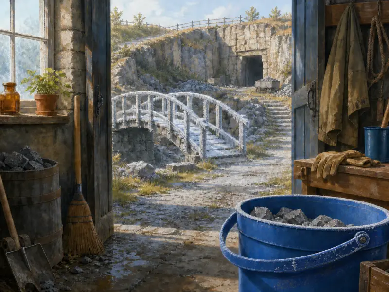 View through an open shed doorway toward a frosty wooden footbridge and a stone hillside tunnel.