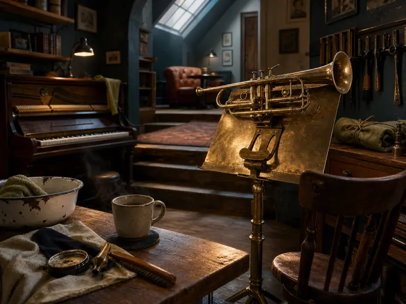 A brass trumpet resting on a vintage metal music stand inside a cozy wood-paneled workshop with a piano and workbench.