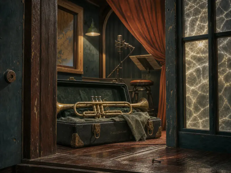 A brass trumpet resting in an open hard case on a wooden floor in front of a recording studio doorway.