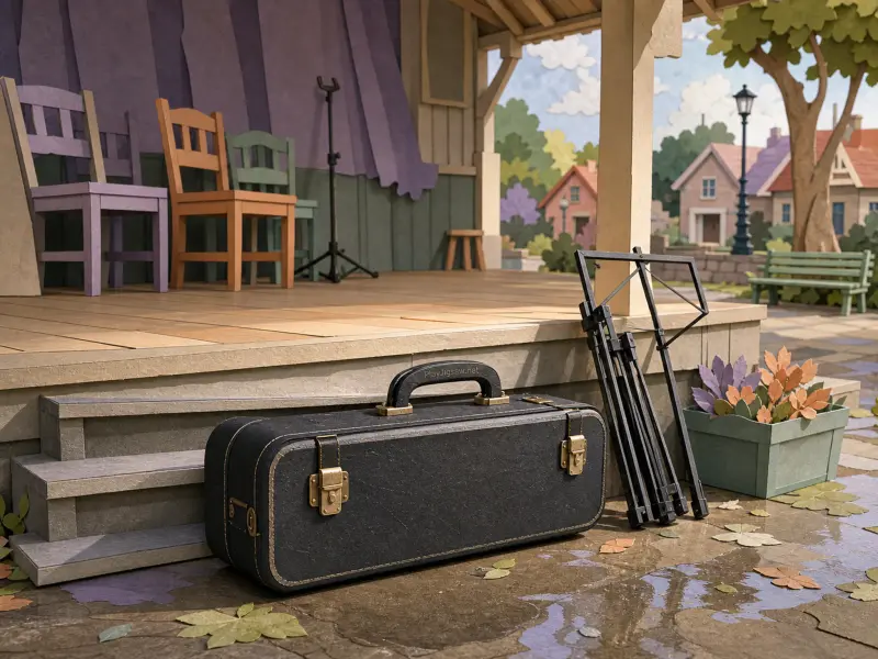 A black musical instrument case and folded metal stand rest by the steps of an outdoor wooden bandstand.