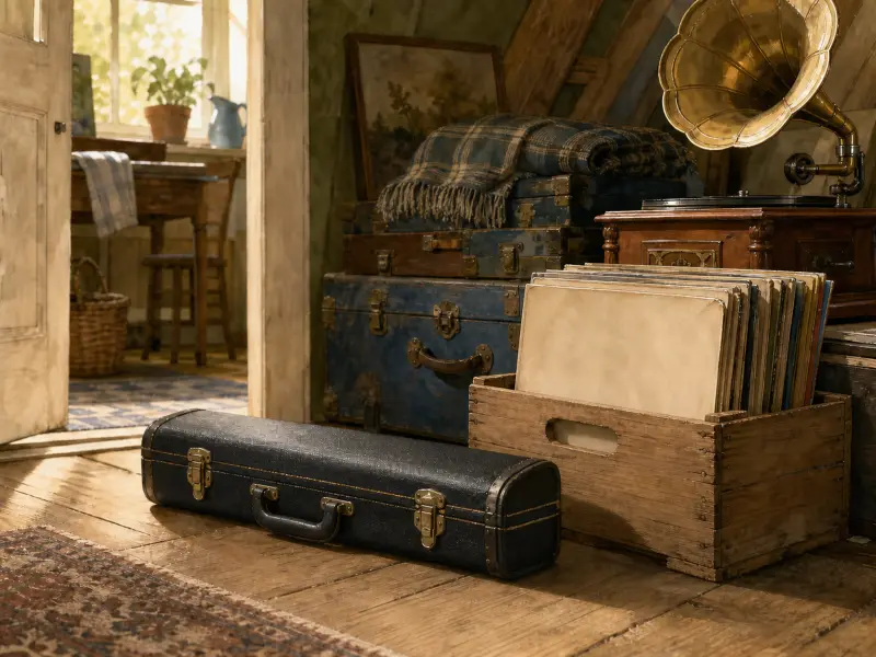 A black musical instrument case sits on an attic floor beside vinyl records and a vintage brass gramophone.