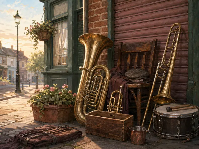 Brass band instruments including a tuba, trombone, and drum resting on a sunlit cobblestone street by a shopfront.