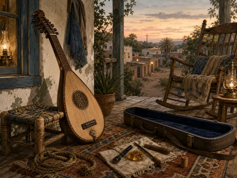 A wooden lute rests on a rustic porch beside an open case and rocking chair overlooking a village at dusk.