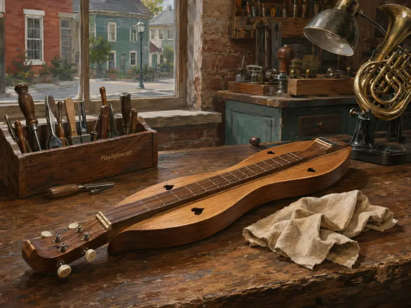 A wooden mountain dulcimer sits on an artisan's workbench in front of a workshop window overlooking colorful houses.