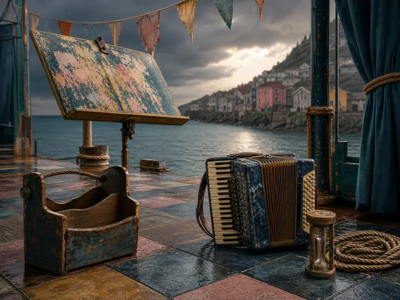 An accordion, wooden music stand, and hourglass sit on a tiled pier overlooking a coastal harbor village.