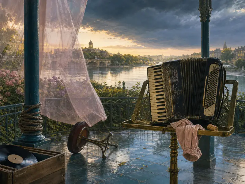 An accordion rests on a brass music stand on a breezy terrace overlooking a river bridge at sunset.