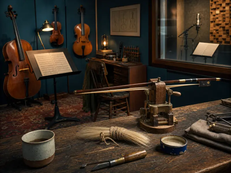 A violin bow clamped on a luthier workbench with horsehair, tools, and string instruments in a music studio.
