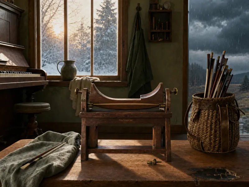 A wooden luthier cradle rests on a workbench beside a basket of bows, an upright piano, and a snowy window.
